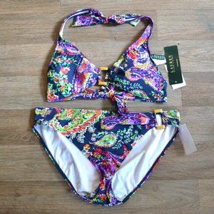 NWT Lauren Ralph Lauren Paisley Colorful Matching Bikini Set Size 12